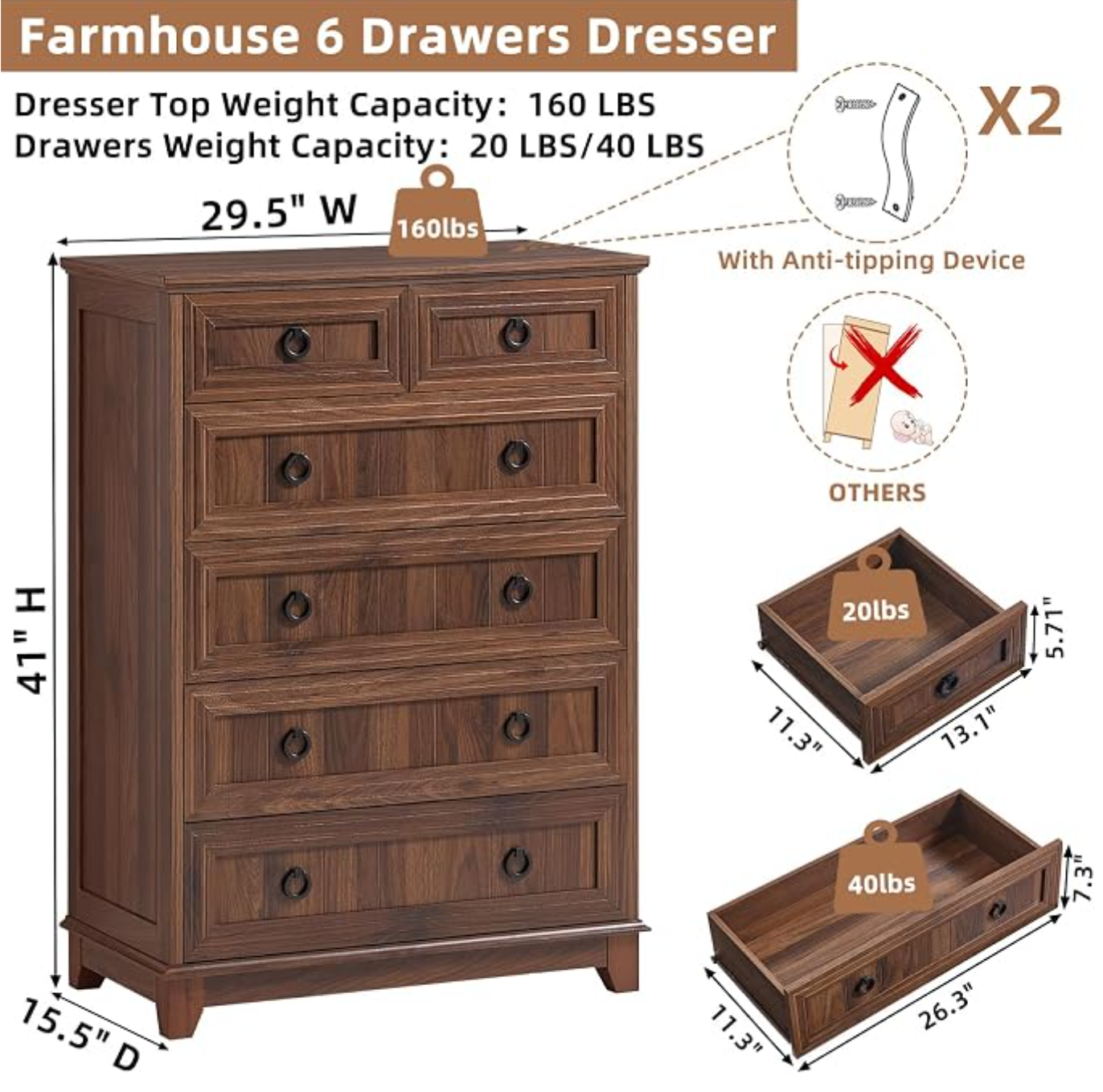 Walnut 6-Drawer