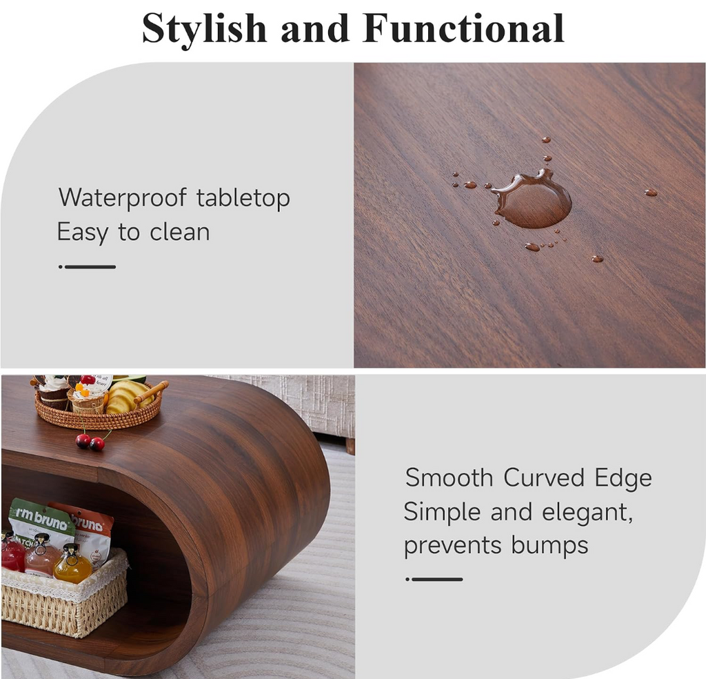 Oval Solid Wood Coffee Table with Curved Open Base