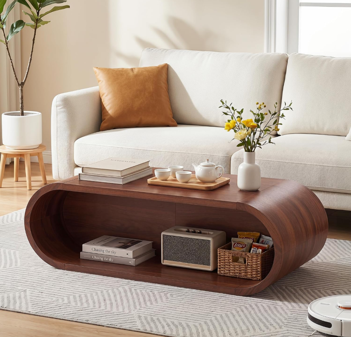 Oval Solid Wood Coffee Table with Curved Open Base