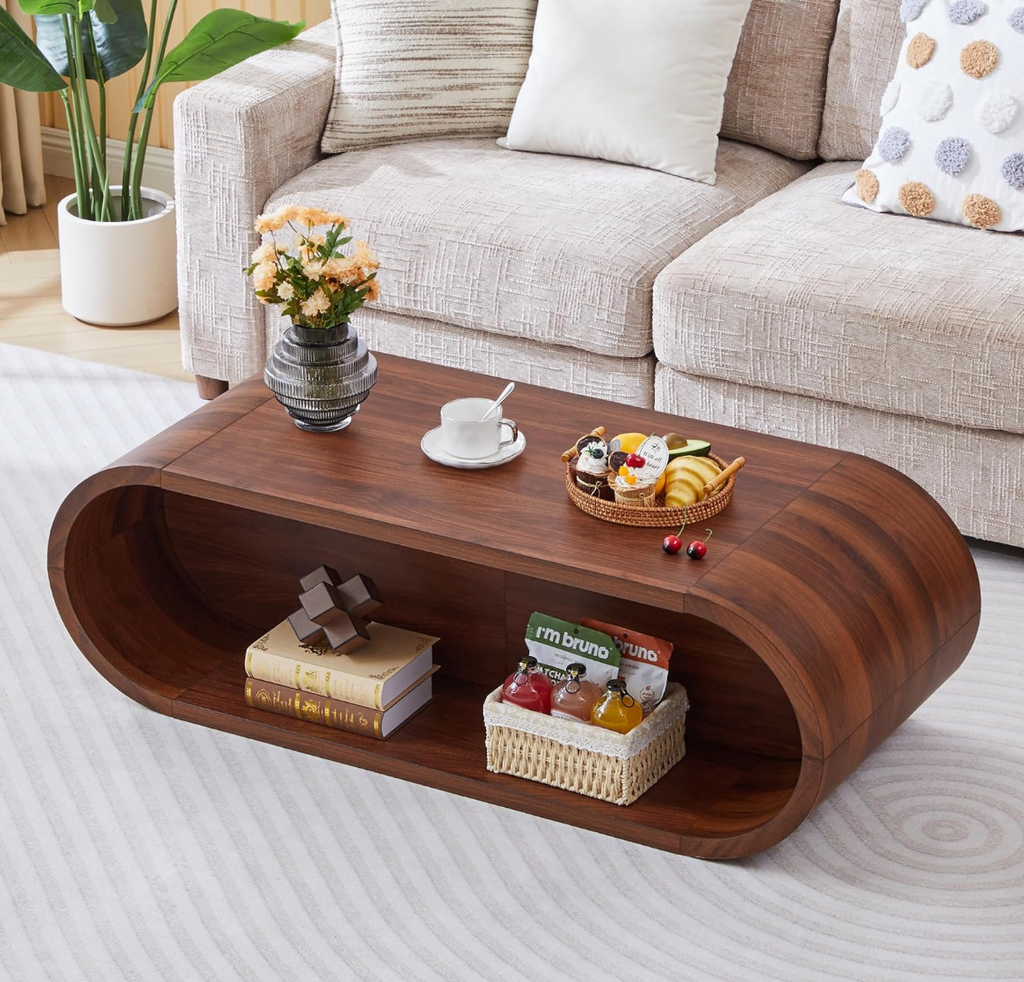 Oval Solid Wood Coffee Table with Curved Open Base