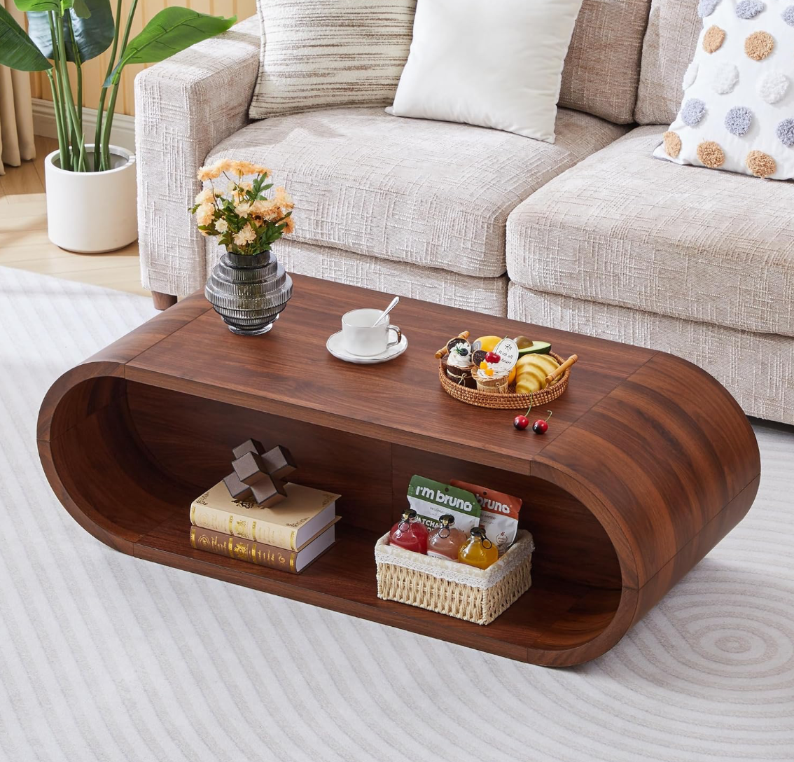 Oval Solid Wood Coffee Table with Curved Open Base