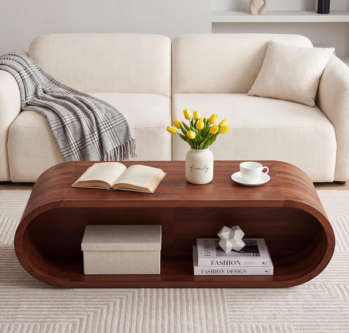 Oval Solid Wood Coffee Table with Curved Open Base