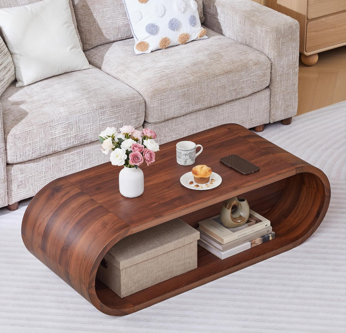 Oval Solid Wood Coffee Table with Curved Open Base