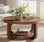 Round Rustic Wood Coffee Table with Arch Legs & Lower Shelf