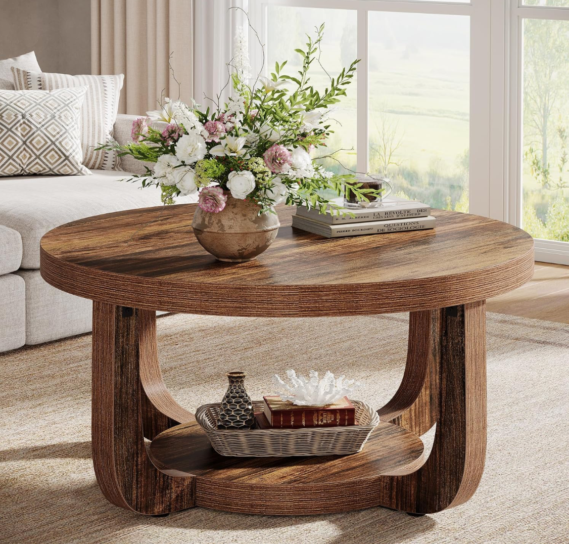 Round Rustic Wood Coffee Table with Arch Legs & Lower Shelf