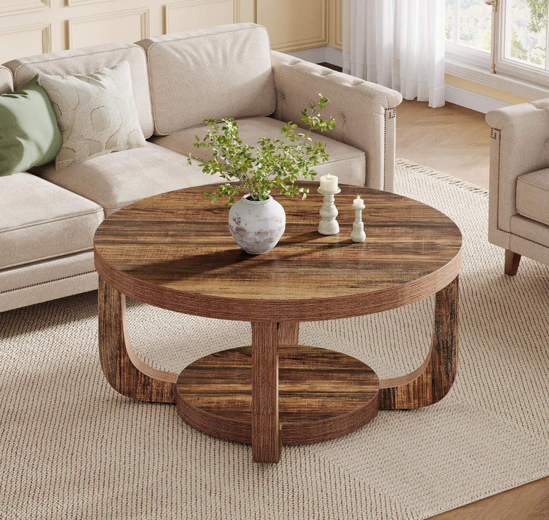 Round Rustic Wood Coffee Table with Arch Legs & Lower Shelf