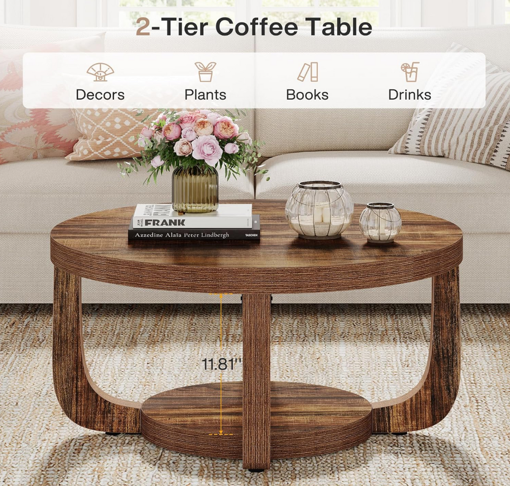Round Rustic Wood Coffee Table with Arch Legs & Lower Shelf