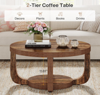 Round Rustic Wood Coffee Table with Arch Legs & Lower Shelf
