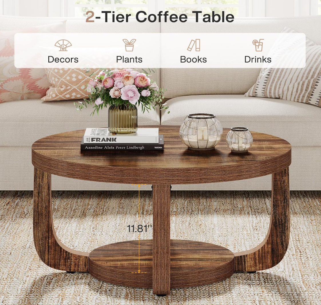 Round Rustic Wood Coffee Table with Arch Legs & Lower Shelf