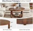 Round Rustic Wood Coffee Table with Arch Legs & Lower Shelf