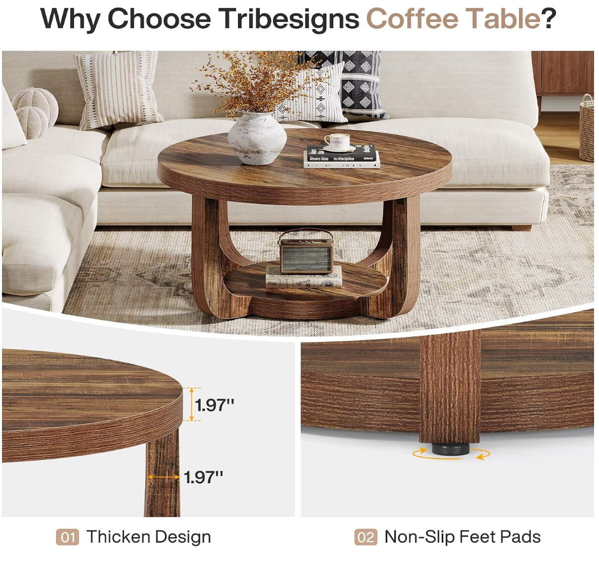 Round Rustic Wood Coffee Table with Arch Legs & Lower Shelf