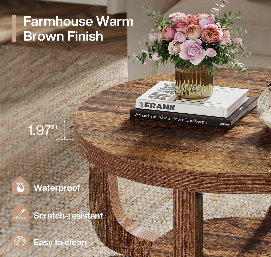 Round Rustic Wood Coffee Table with Arch Legs & Lower Shelf