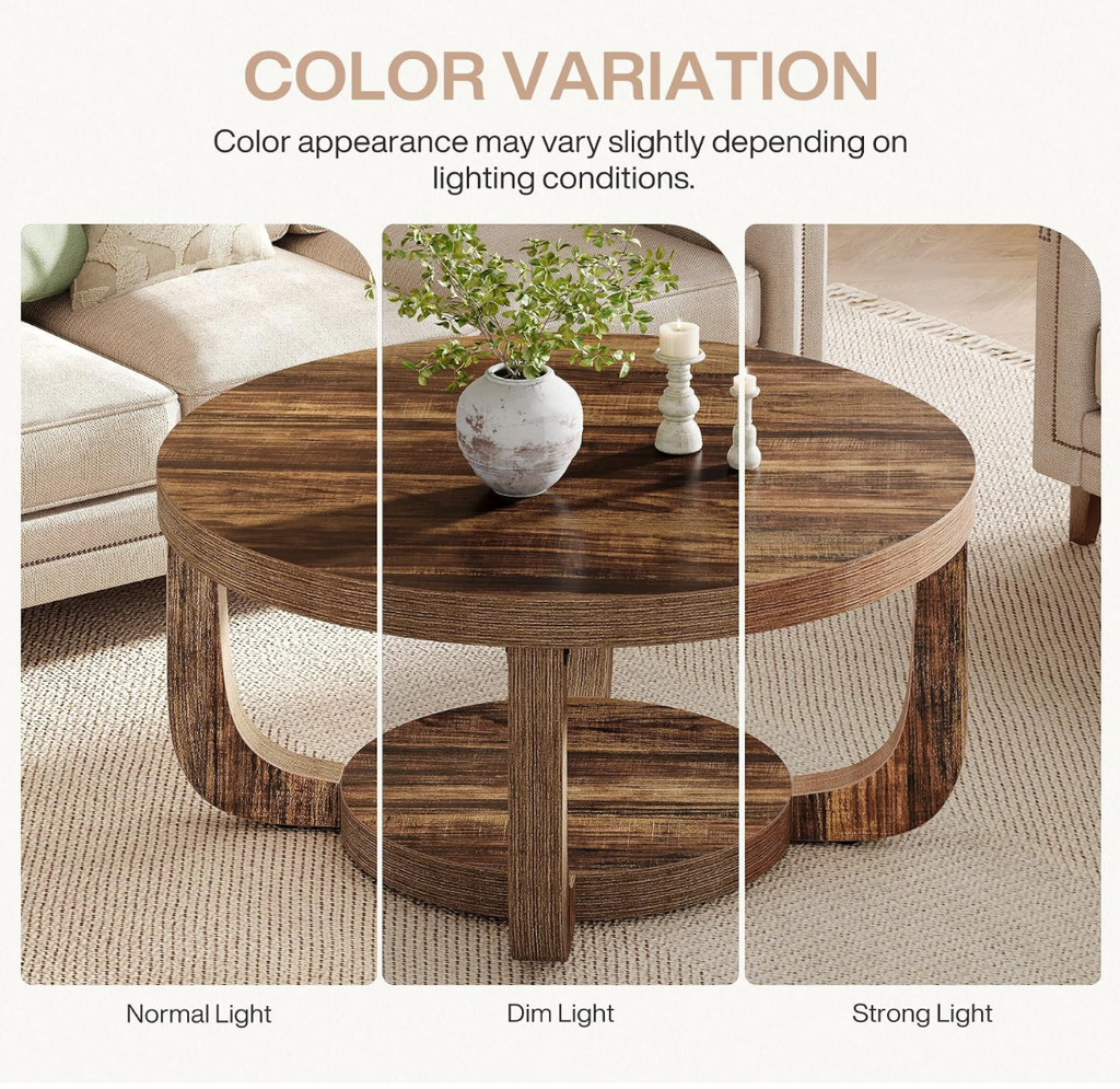 Round Rustic Wood Coffee Table with Arch Legs & Lower Shelf