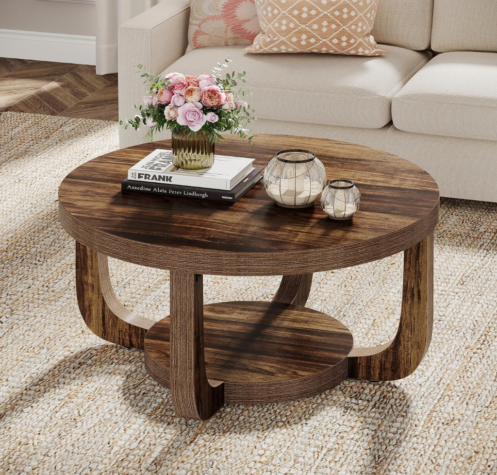 Round Rustic Wood Coffee Table with Arch Legs & Lower Shelf
