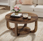 Round Rustic Wood Coffee Table with Arch Legs & Lower Shelf