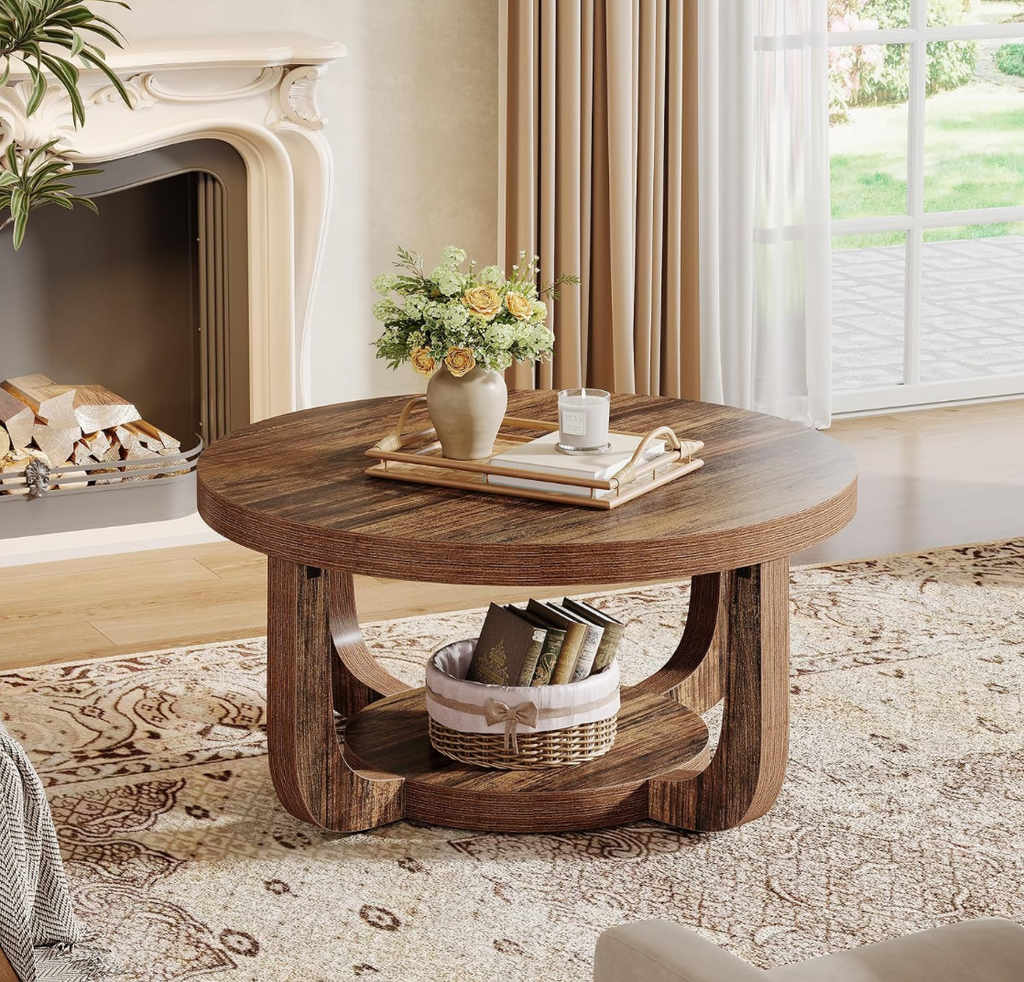 Round Rustic Wood Coffee Table with Arch Legs & Lower Shelf