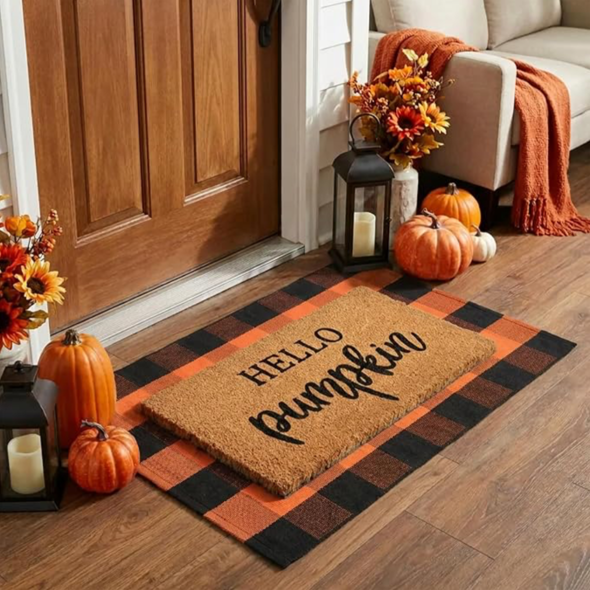 Hello Pumpkin Fall Doormat & Buffalo Check Rug Set