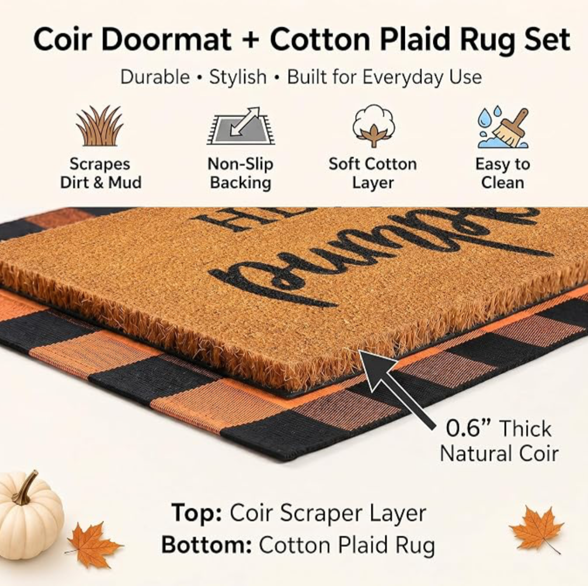 Hello Pumpkin Fall Doormat & Buffalo Check Rug Set