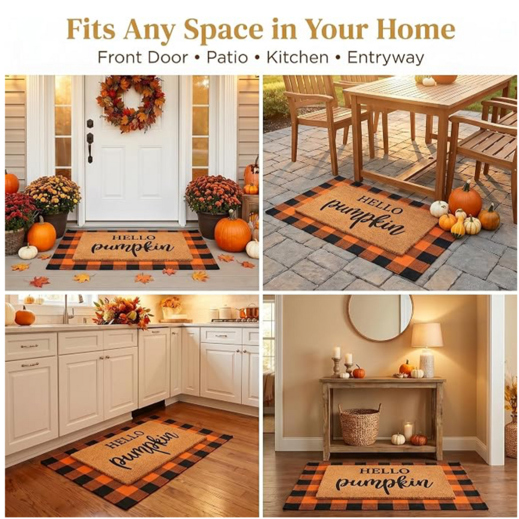 Hello Pumpkin Fall Doormat & Buffalo Check Rug Set