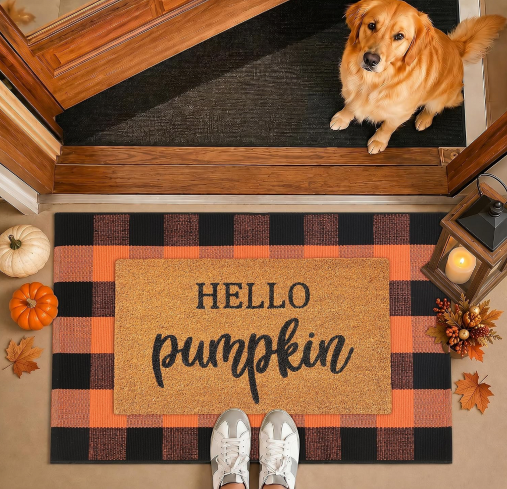 Hello Pumpkin Fall Doormat & Buffalo Check Rug Set