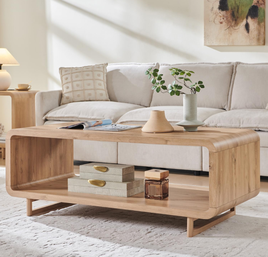 Modern Natural Wood Coffee Table with Open Shelf