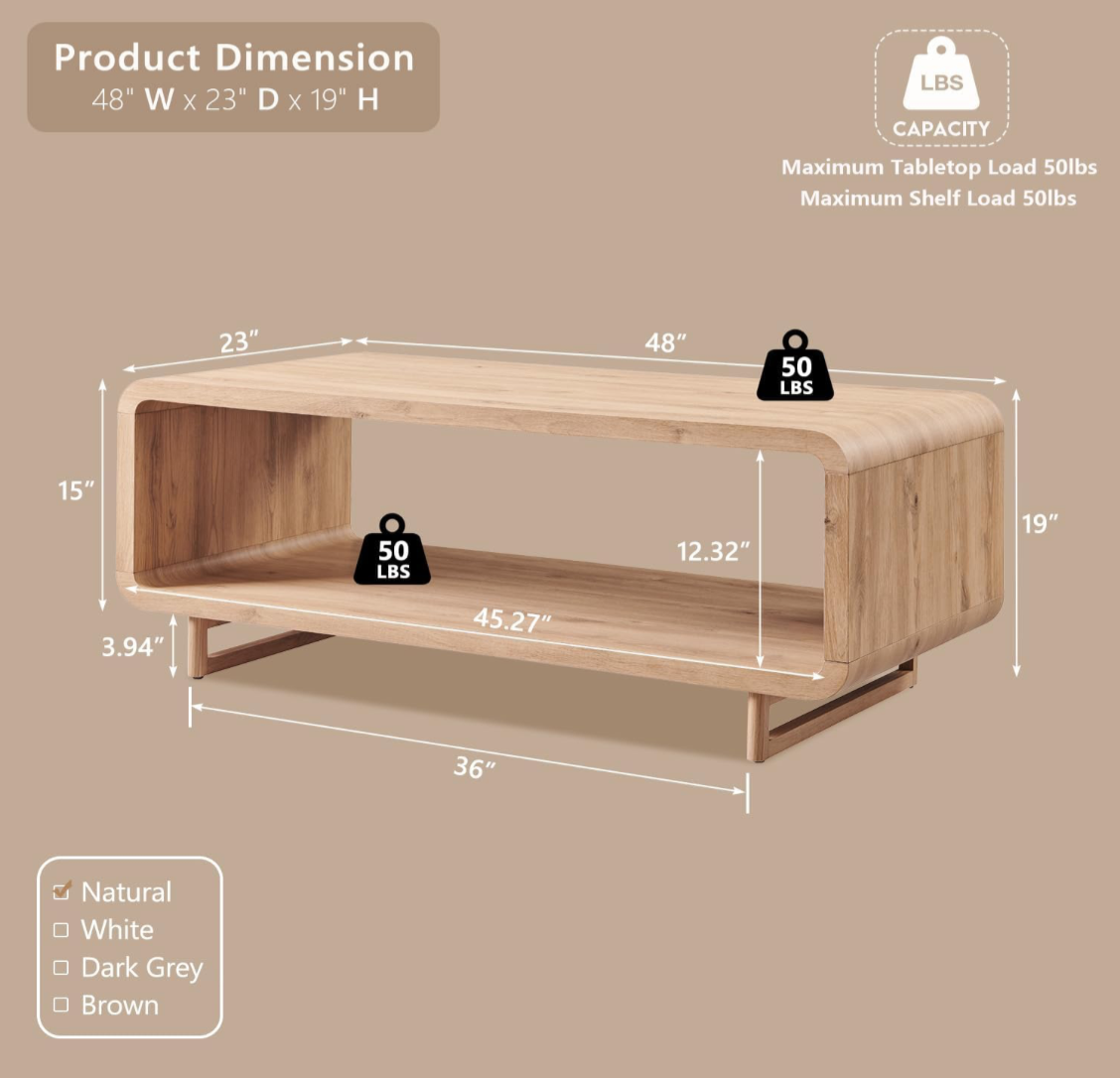 Modern Natural Wood Coffee Table with Open Shelf