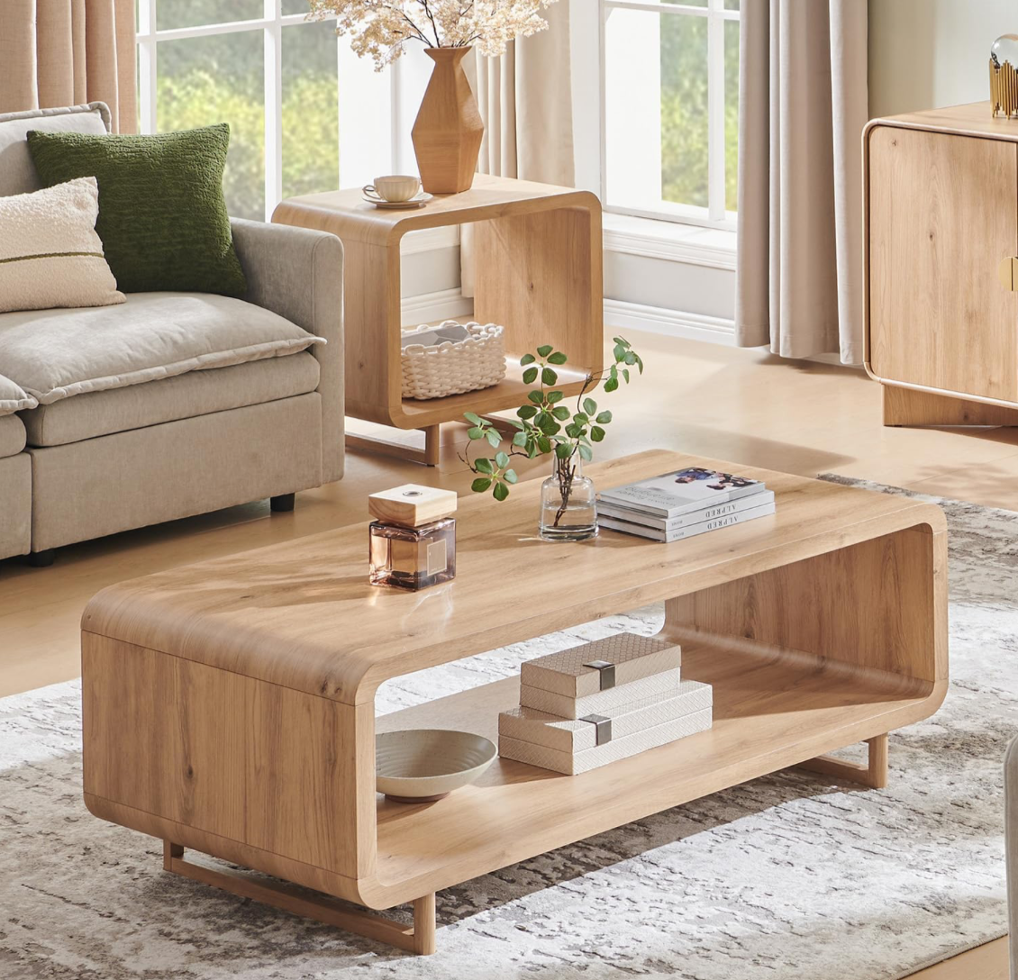 Modern Natural Wood Coffee Table with Open Shelf