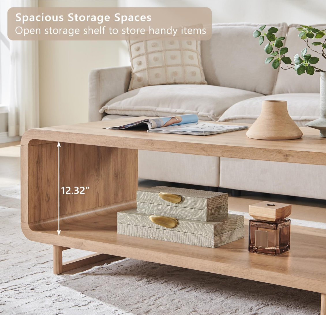 Modern Natural Wood Coffee Table with Open Shelf