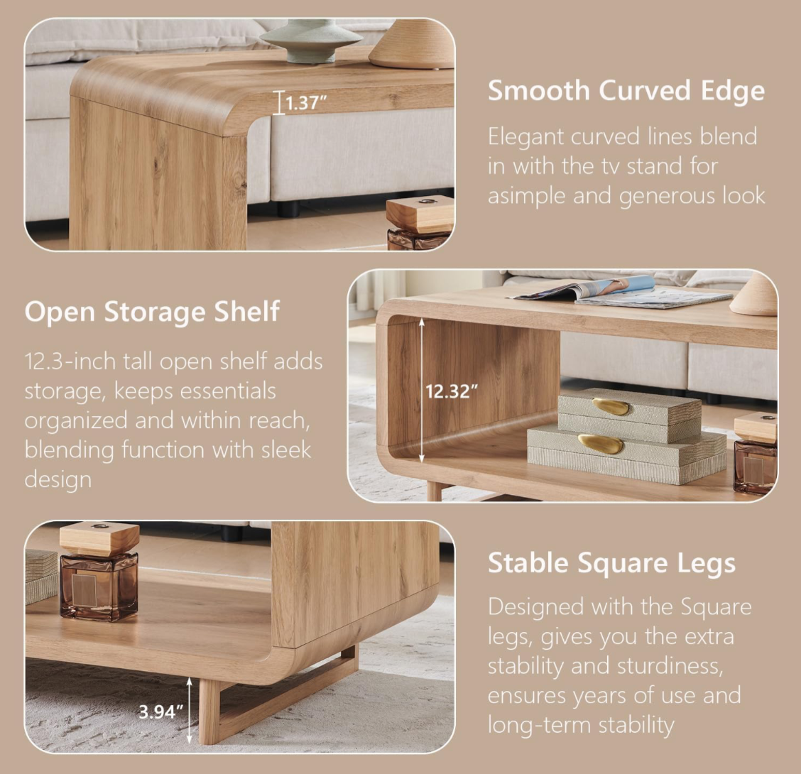 Modern Natural Wood Coffee Table with Open Shelf
