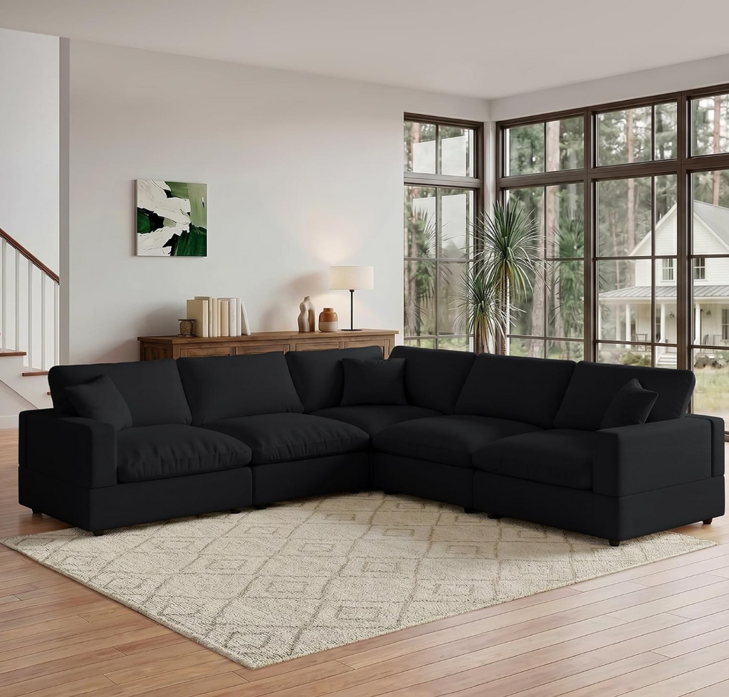 Black Modular L-Shaped Sectional Sofa with Cloud Cushions