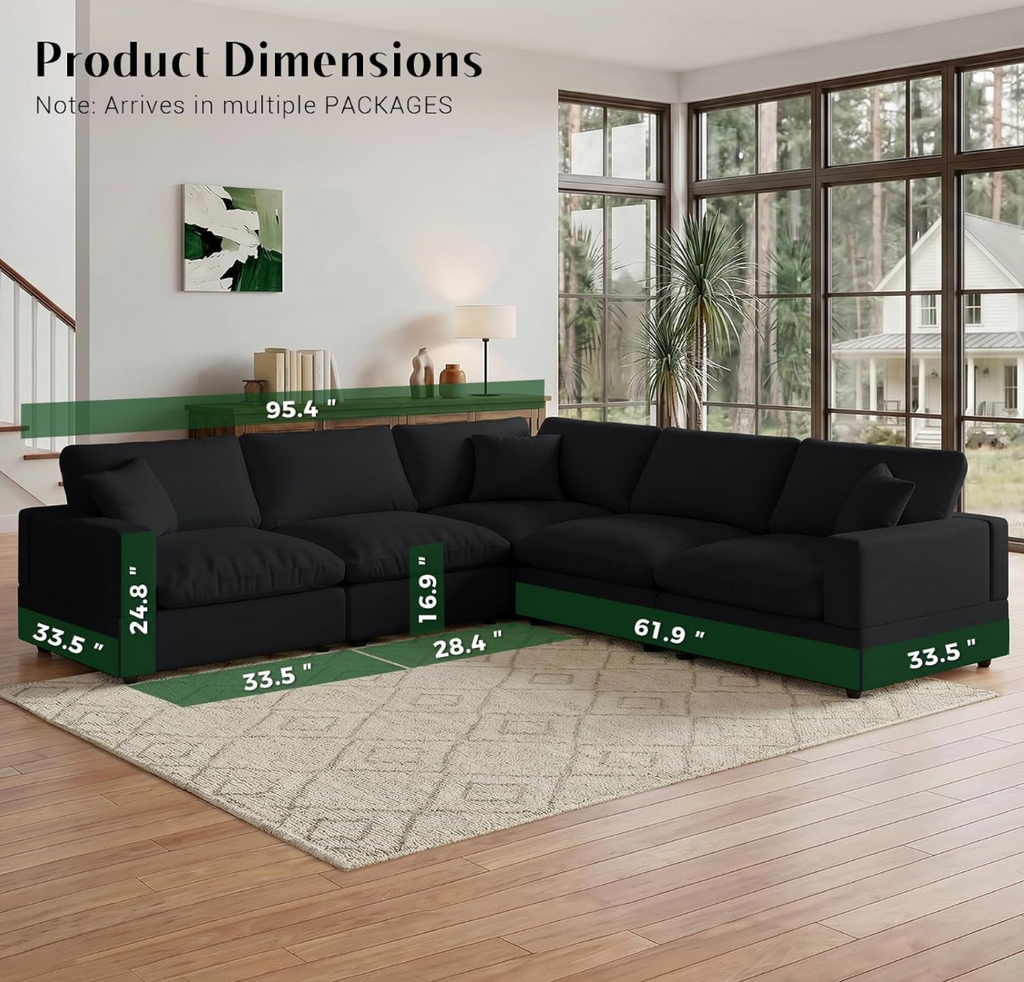 Black Modular L-Shaped Sectional Sofa with Cloud Cushions