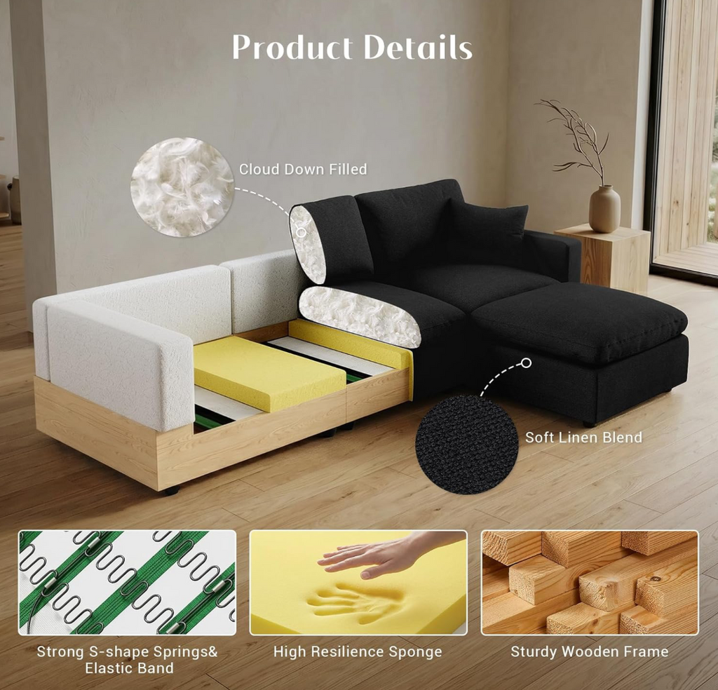Black Modular L-Shaped Sectional Sofa with Cloud Cushions