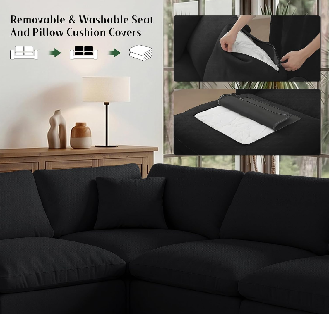 Black Modular L-Shaped Sectional Sofa with Cloud Cushions