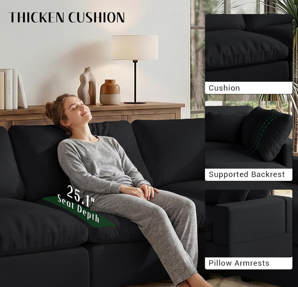 Black Modular L-Shaped Sectional Sofa with Cloud Cushions