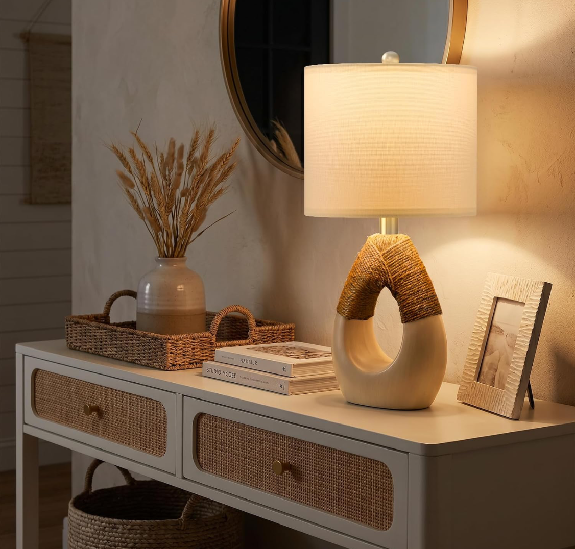 Sculptural Rope & Ceramic Boho Table Lamp