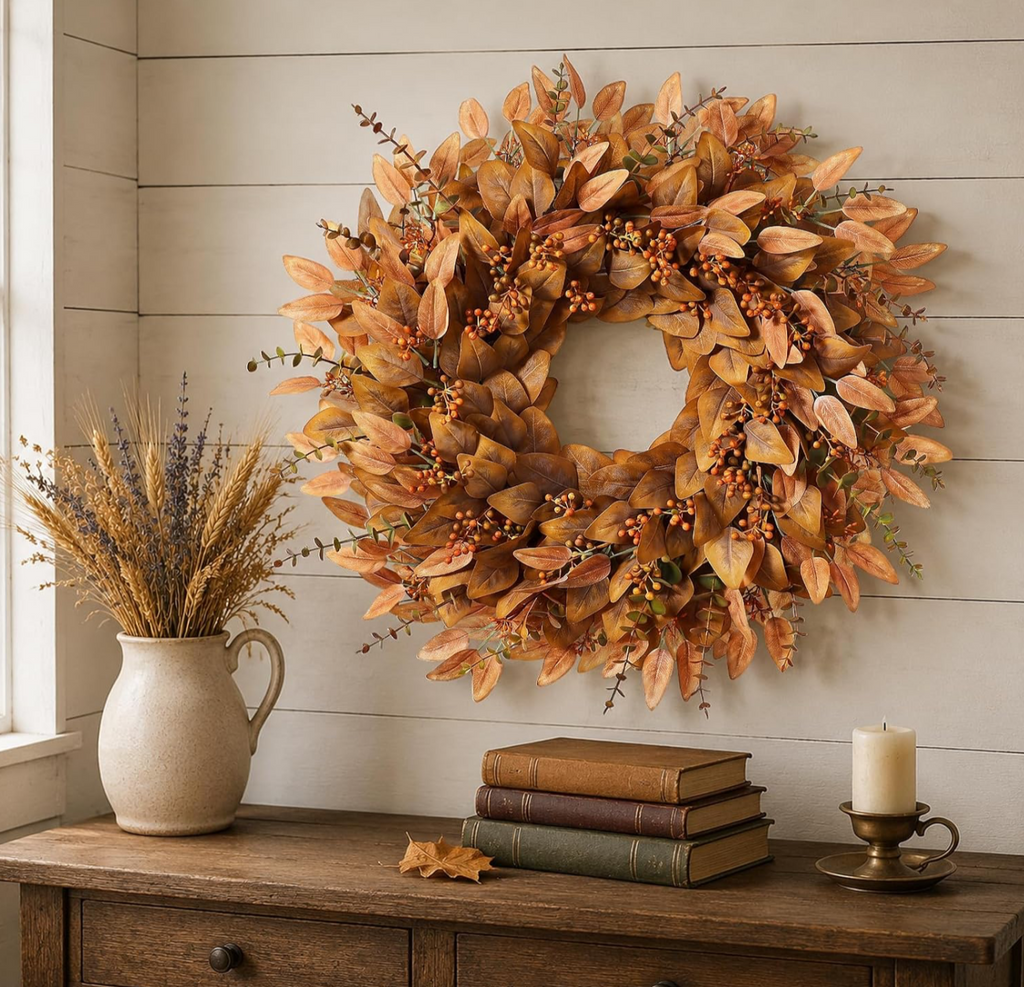 Autumn Harvest Wreath with Amber Leaves & Orange Berries