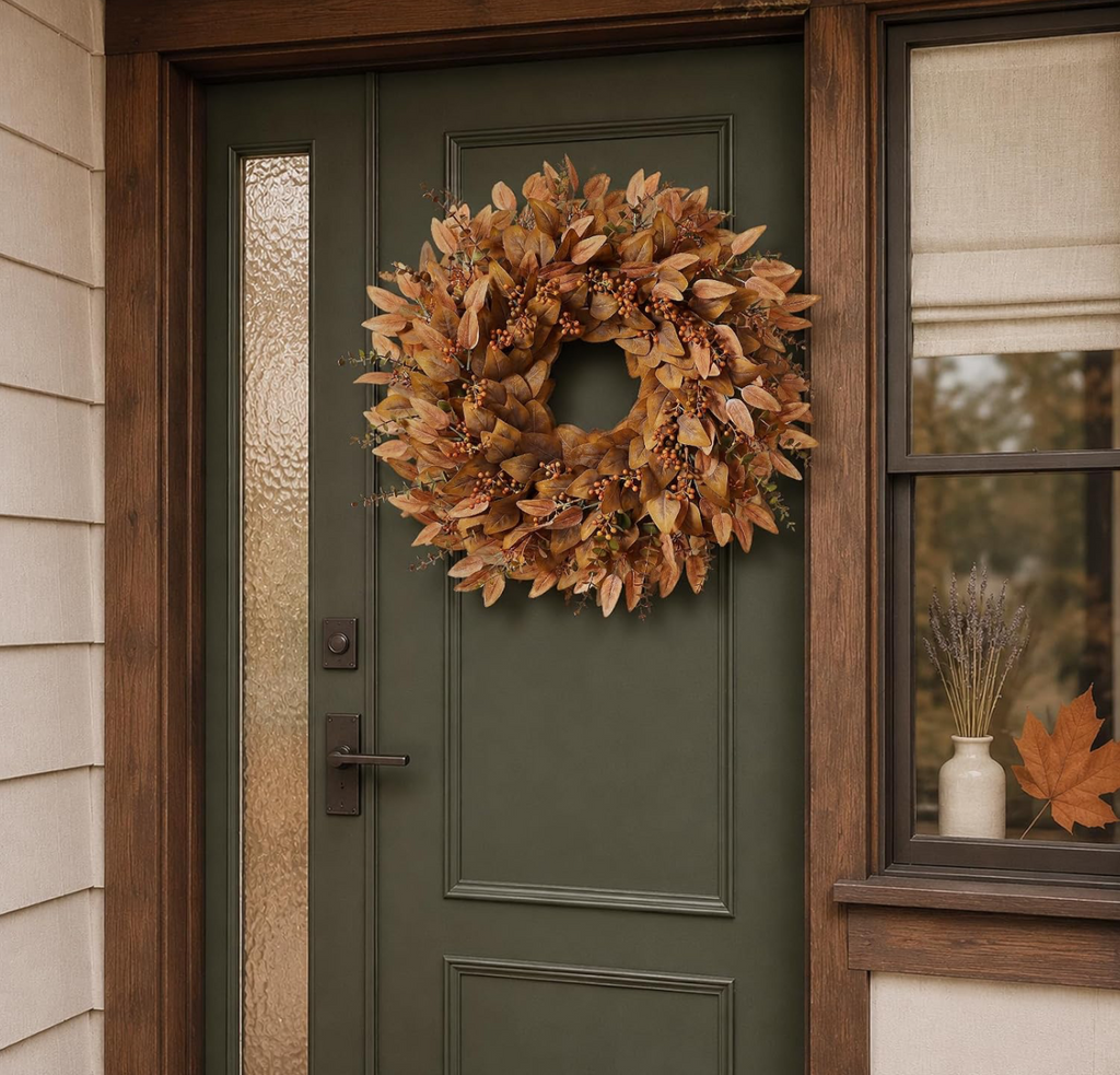 Autumn Harvest Wreath with Amber Leaves & Orange Berries