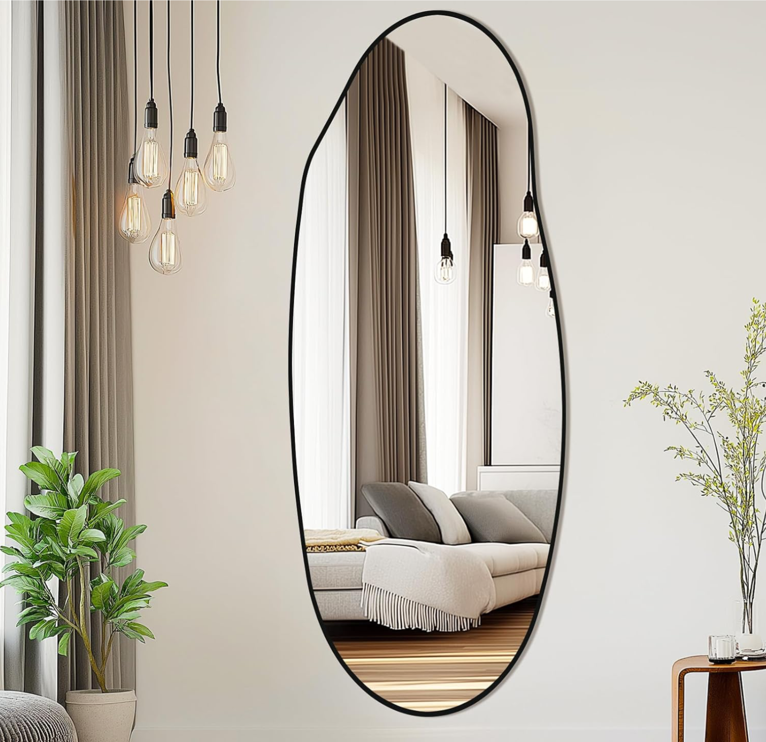 Tall Oval Asymmetric Full-Length Wall Mirror with Black Frame