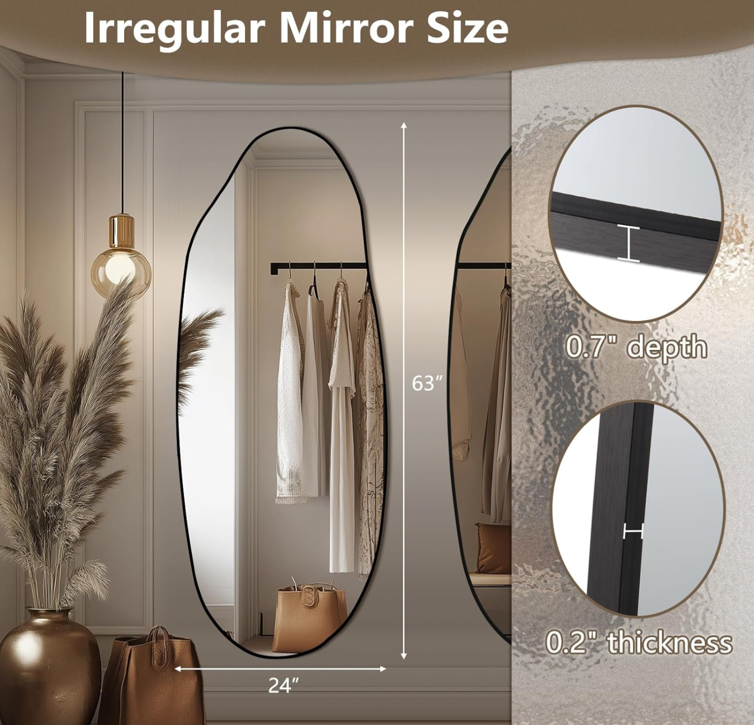 Tall Oval Asymmetric Full-Length Wall Mirror with Black Frame