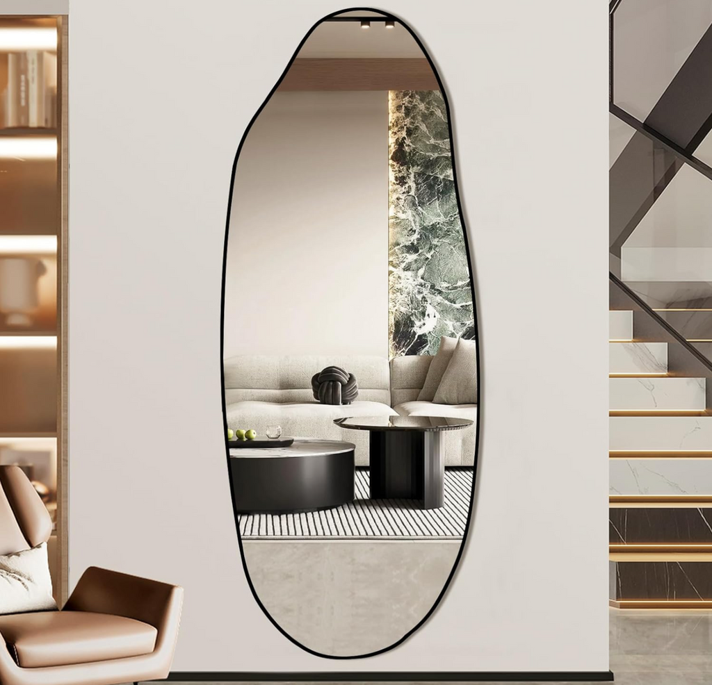 Tall Oval Asymmetric Full-Length Wall Mirror with Black Frame