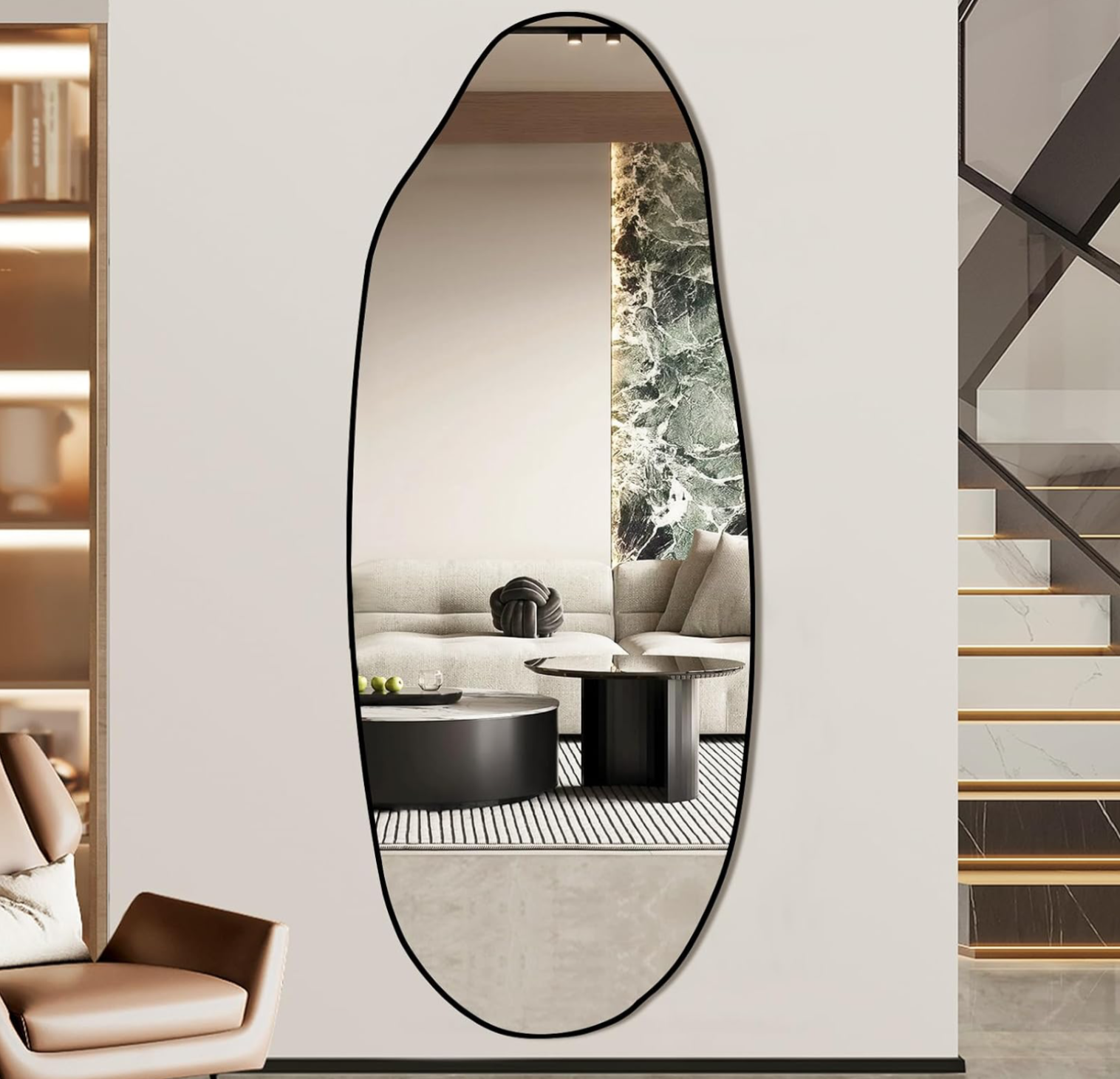 Tall Oval Asymmetric Full-Length Wall Mirror with Black Frame
