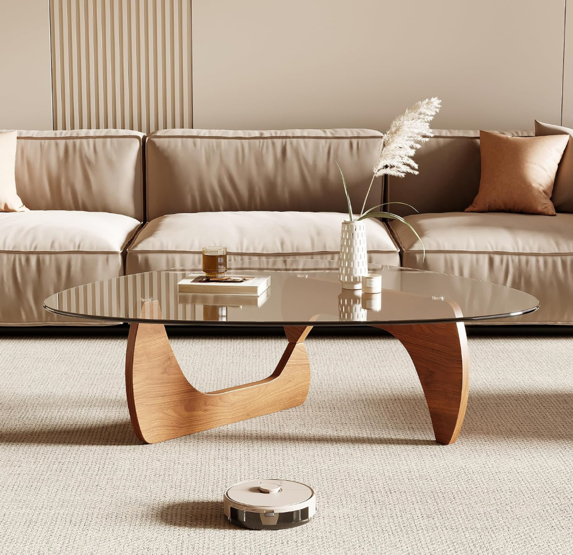 Noguchi-Style Smoked Glass Coffee Table with Walnut Base
