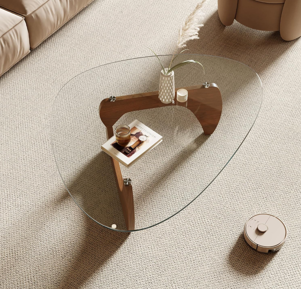 Noguchi-Style Smoked Glass Coffee Table with Walnut Base