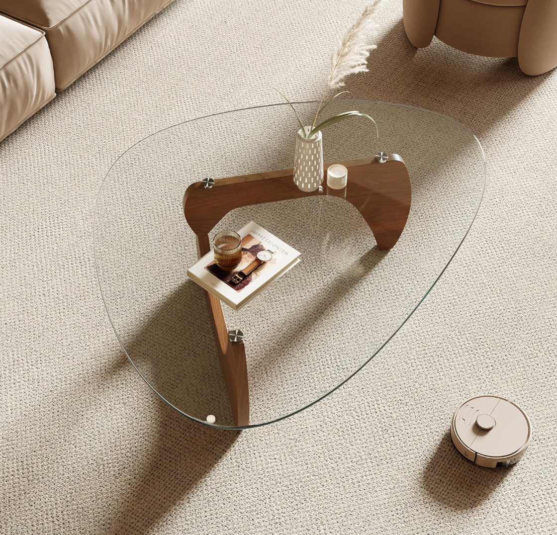 Noguchi-Style Smoked Glass Coffee Table with Walnut Base