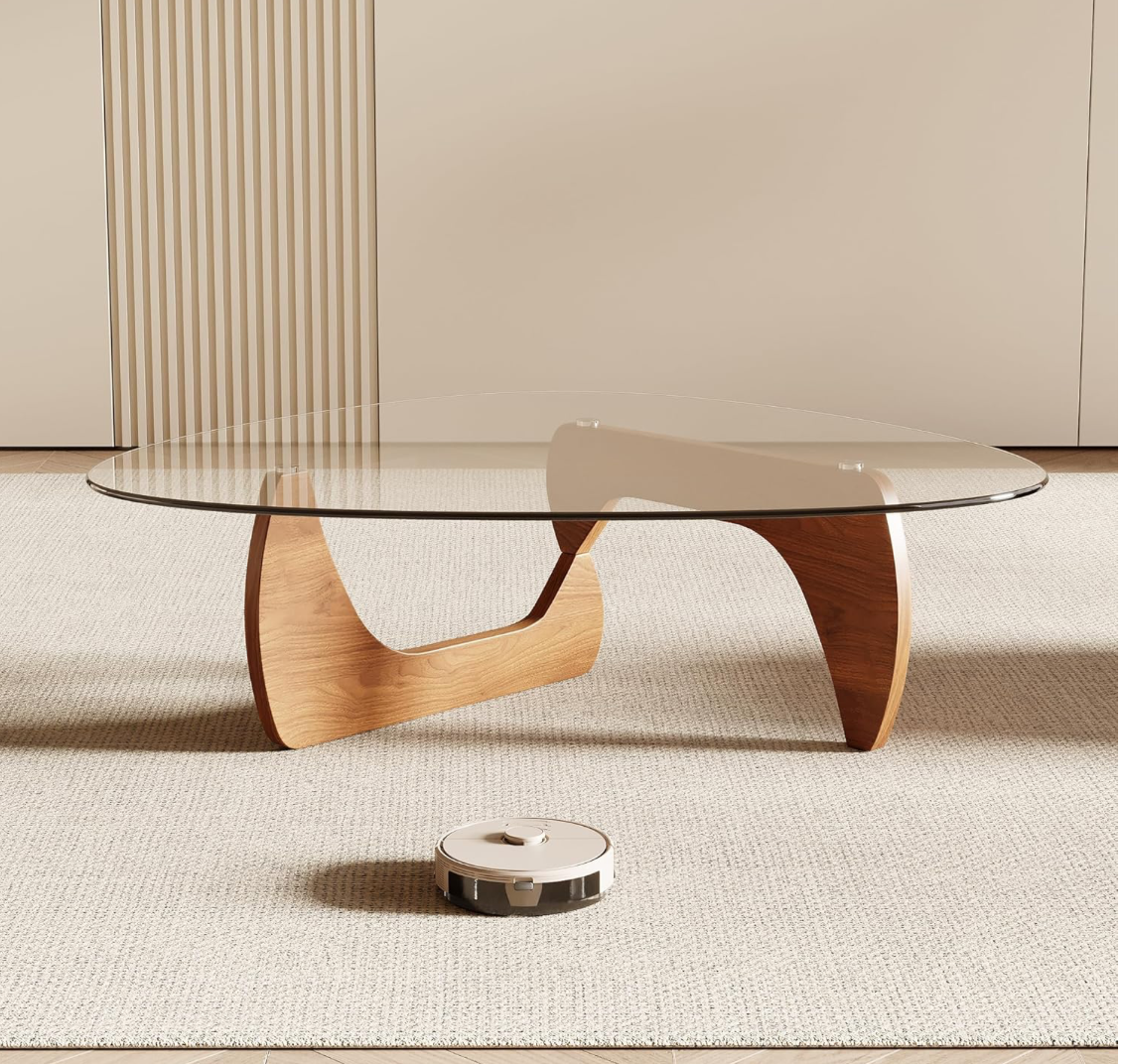 Noguchi-Style Smoked Glass Coffee Table with Walnut Base