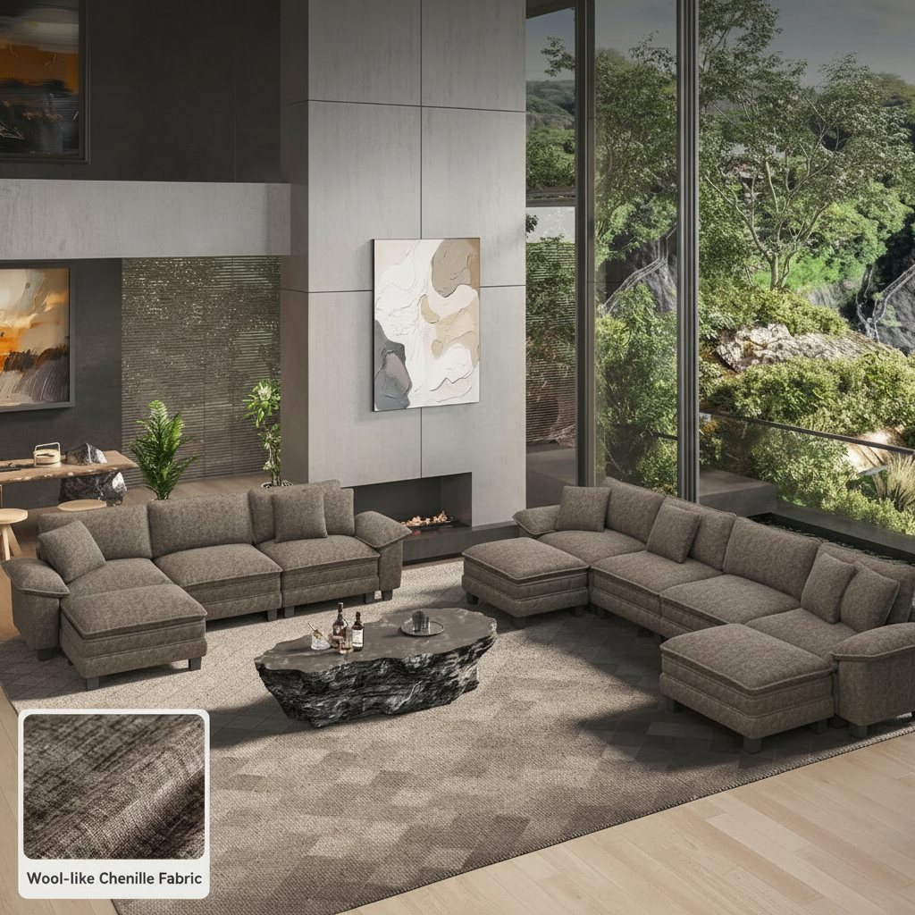 Oversized U-Shaped Modular Sectional Sofa with Double Ottomans