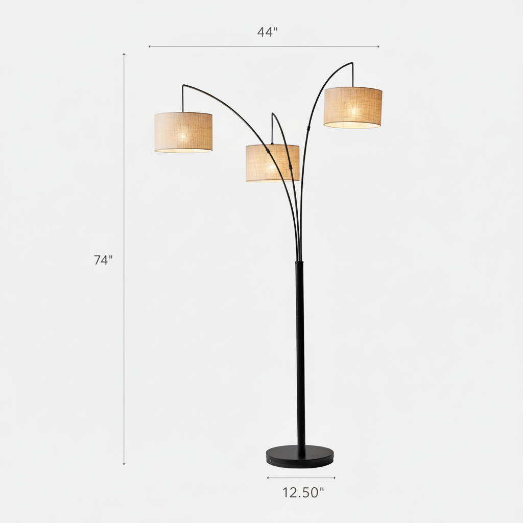 3-Head Arc Floor Lamp with Woven Rattan Drum Shades