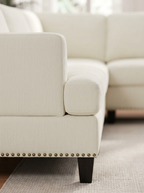 Cream Linen L-Shaped Sectional Sofa with Nailhead Trim