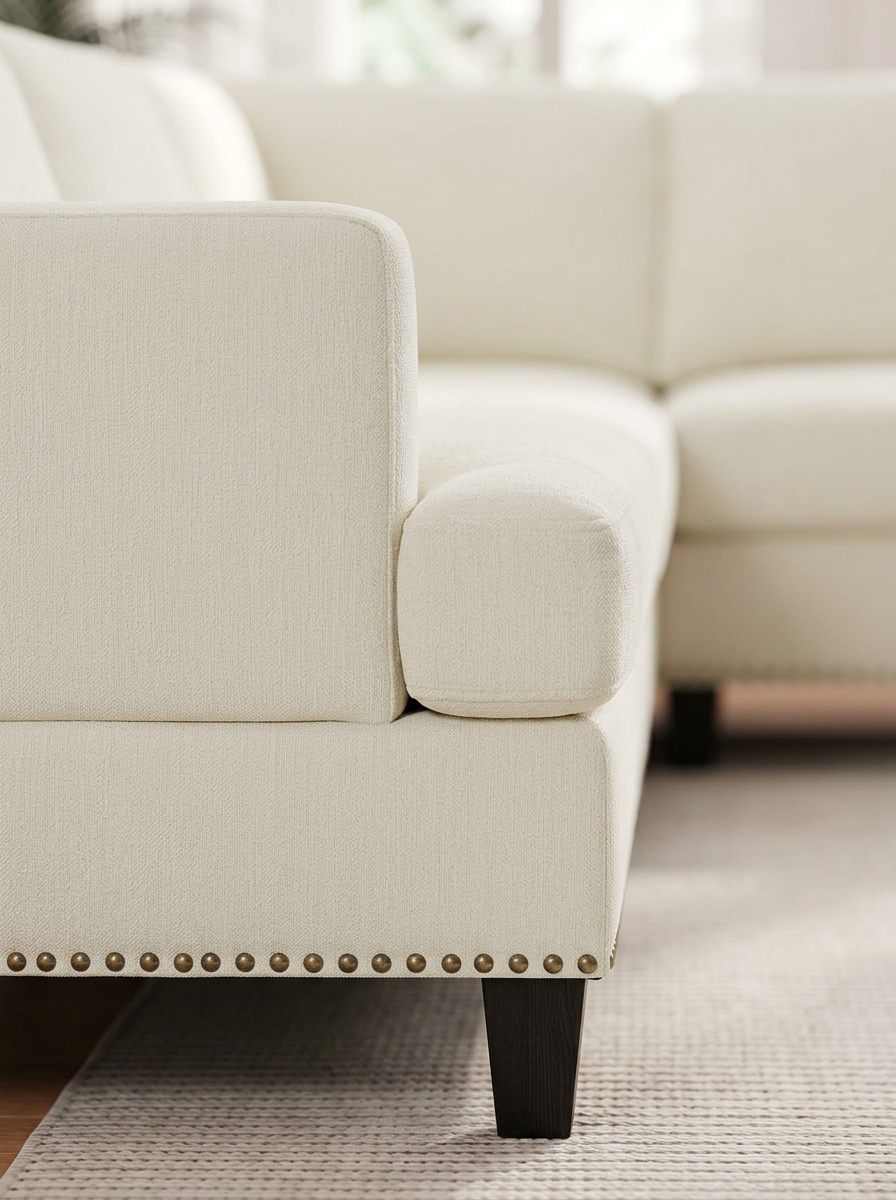 Cream Linen L-Shaped Sectional Sofa with Nailhead Trim