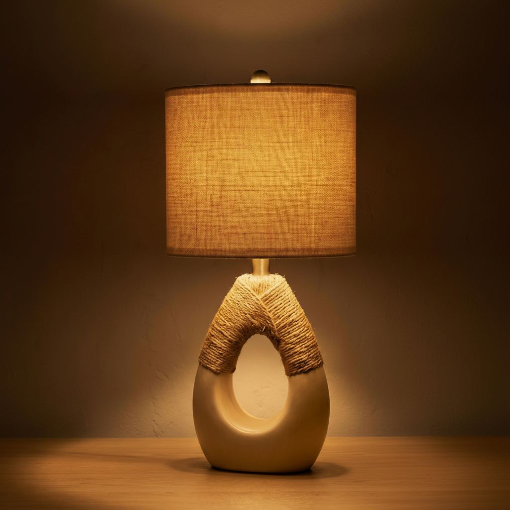 Sculptural Rope & Ceramic Boho Table Lamp